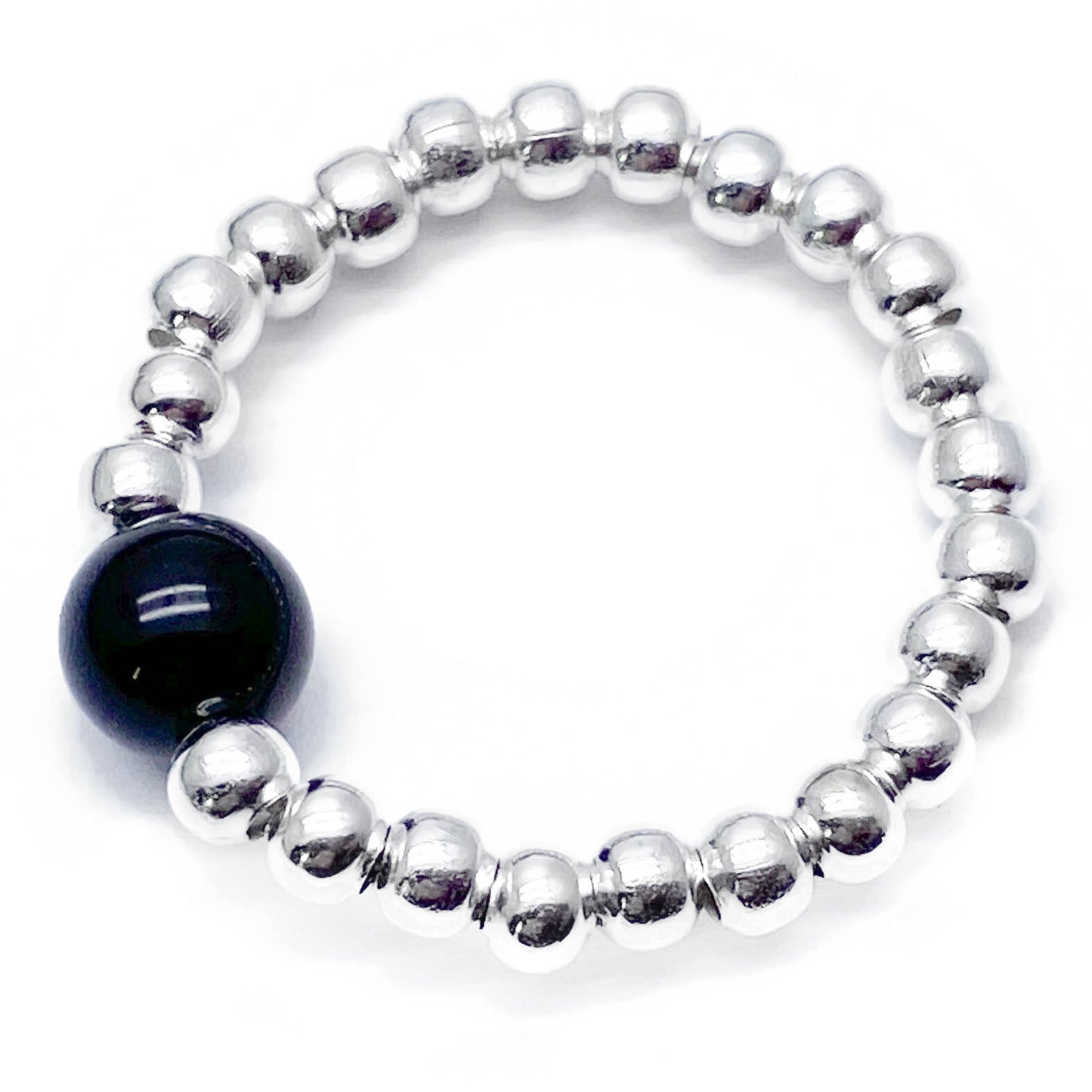Black Onyx Stretch Ring with Silver Plated Beads