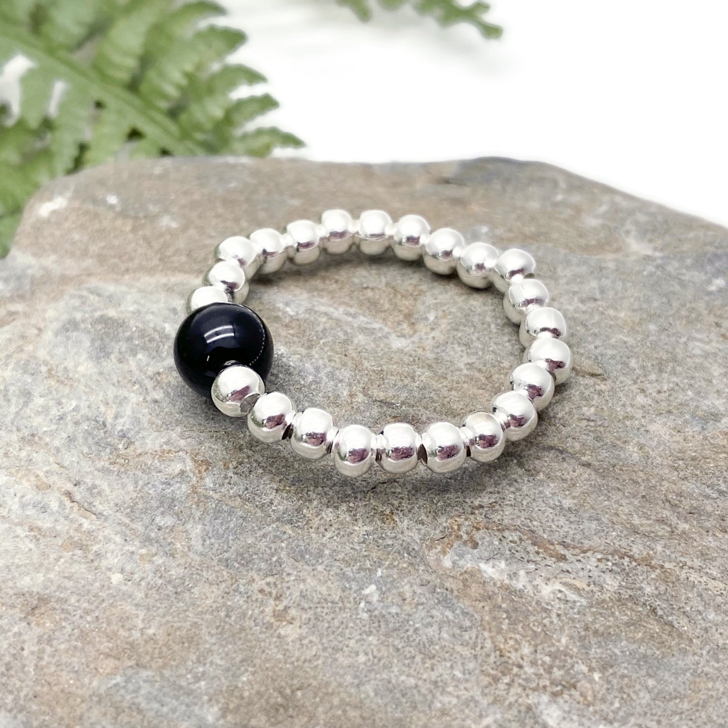 Black Onyx Stretch Ring with Silver Plated Beads