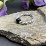 Black Onyx Stretch Ring with Silver Plated Beads