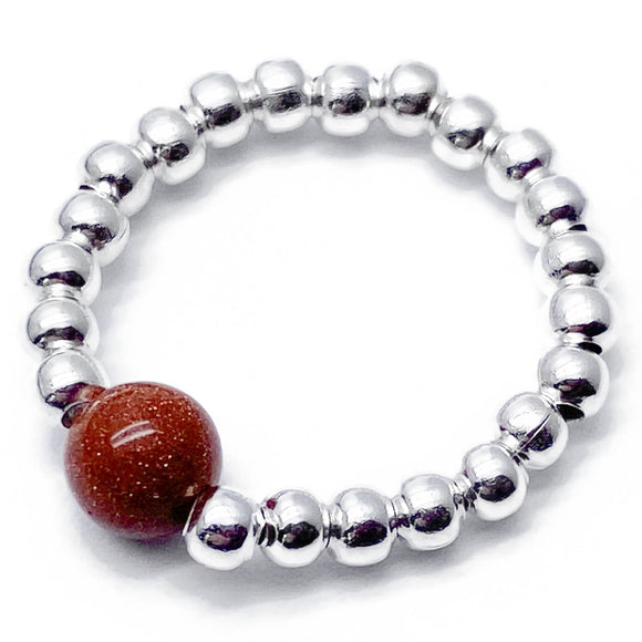 Brown Goldstone Stretch Ring with Silver Plated Beads