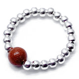 Brown Goldstone Stretch Ring with Silver Plated Beads