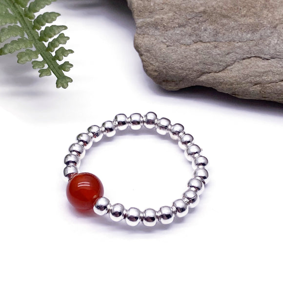 Carnelian Stretch Ring with Silver Plated Beads
