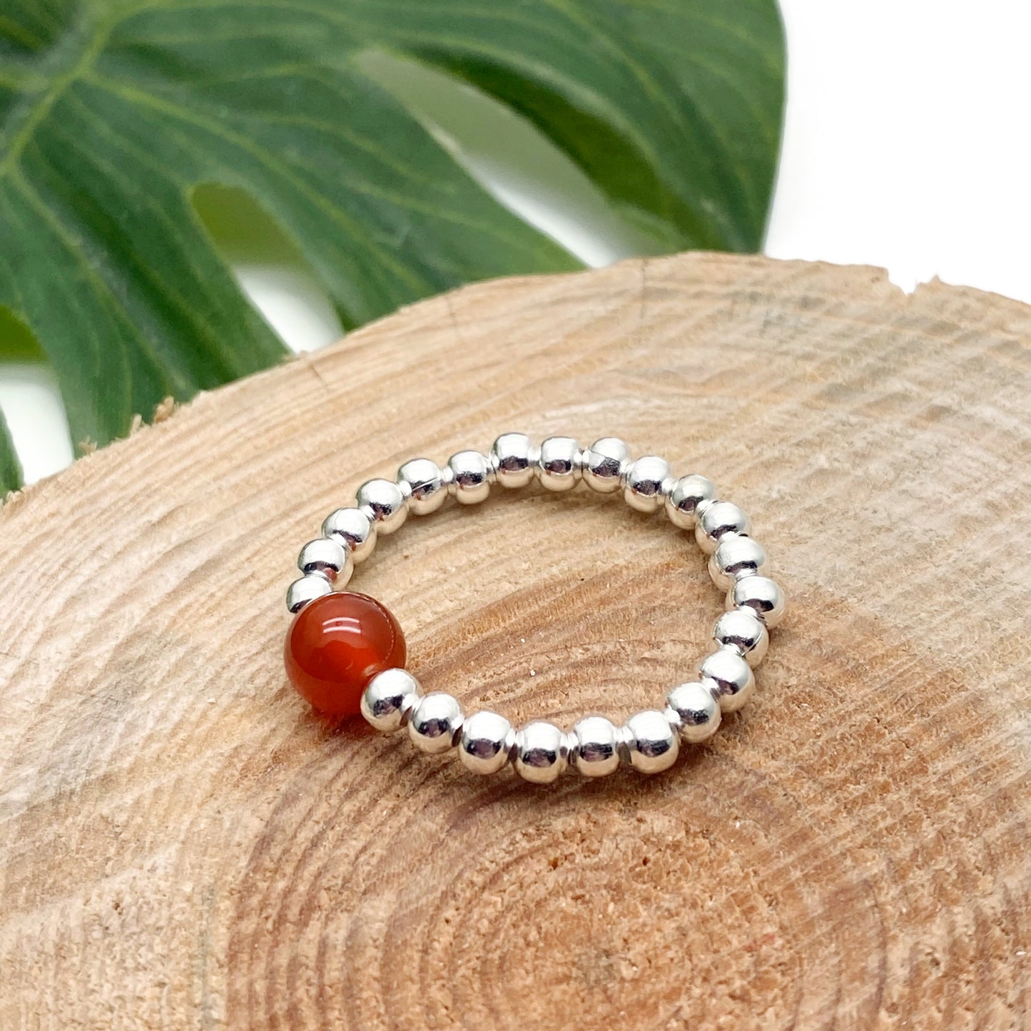 Carnelian Stretch Ring with Silver Plated Beads
