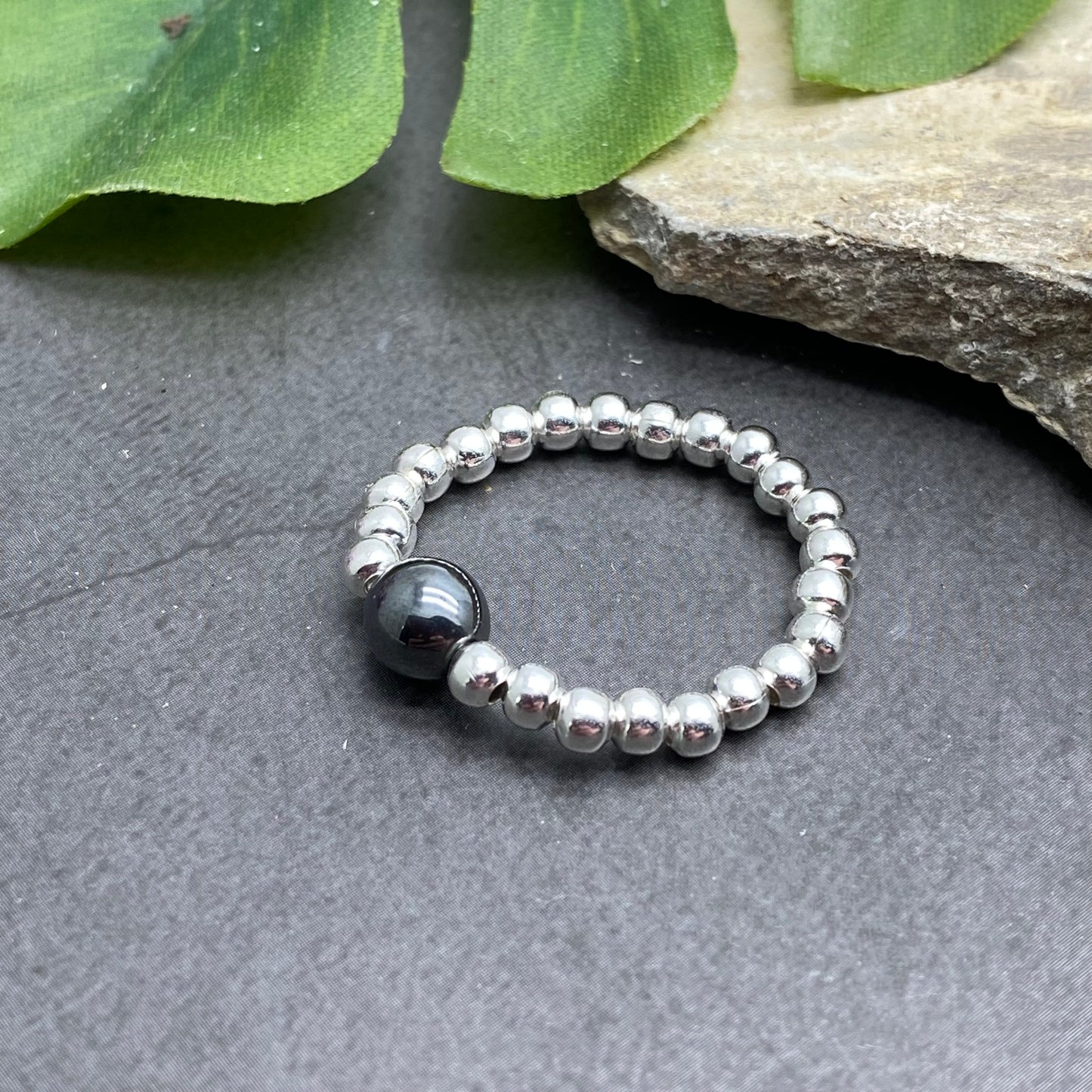 Hematite Stretch Ring with Silver Plated Beads