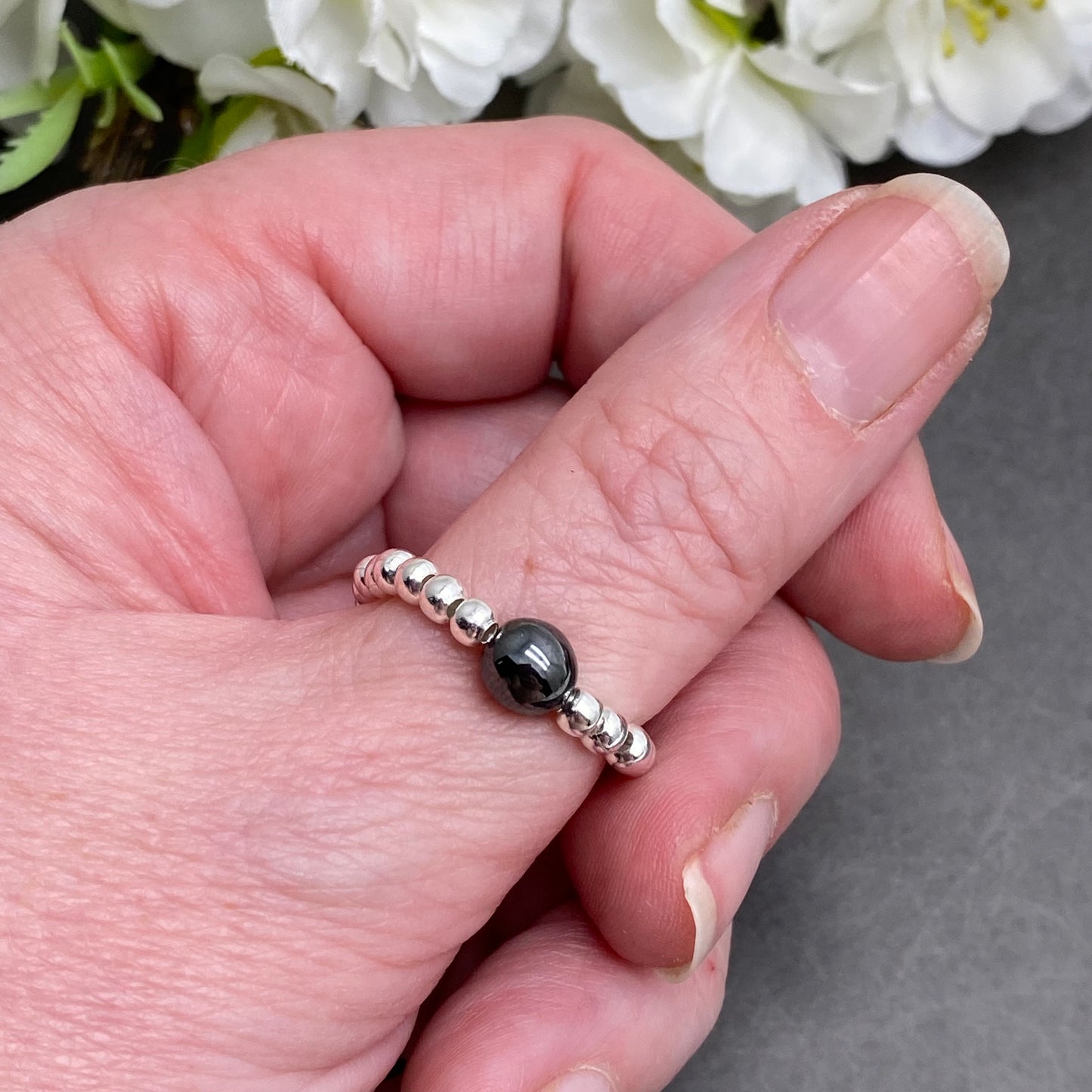Hematite Stretch Ring with Silver Plated Beads