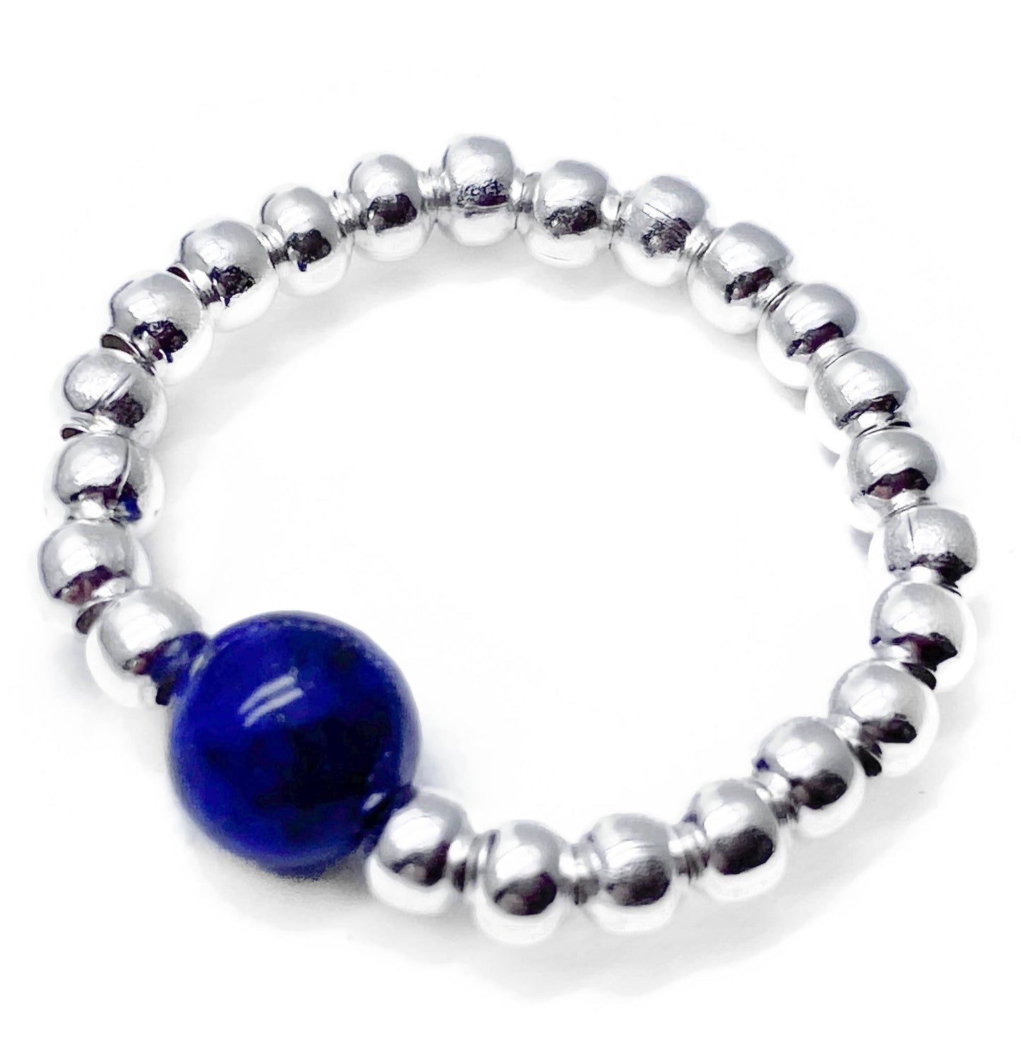 Lapis Lazuli Stretch Ring with Silver Plated Beads