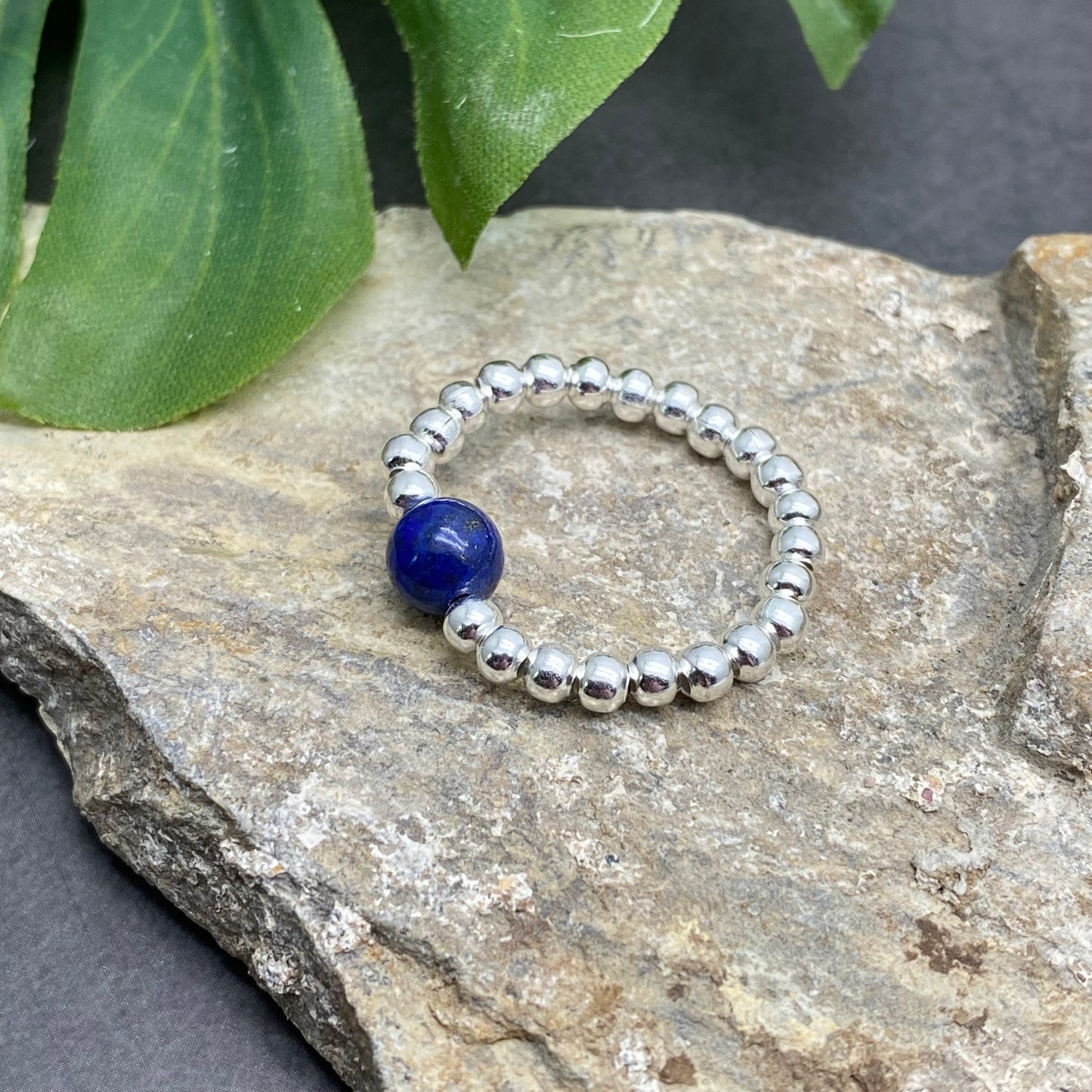 Lapis Lazuli Stretch Ring with Silver Plated Beads