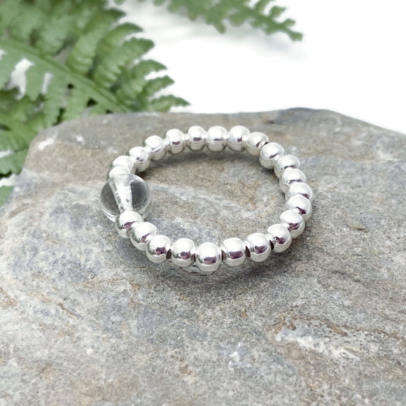 Rock Crystal Stretch Ring with Silver Plated Beads