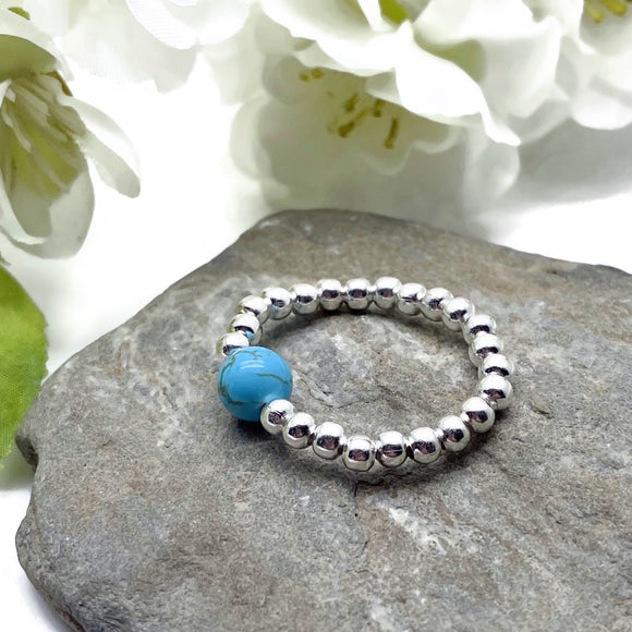 Turquoise Stretch Ring with Silver Plated Beads