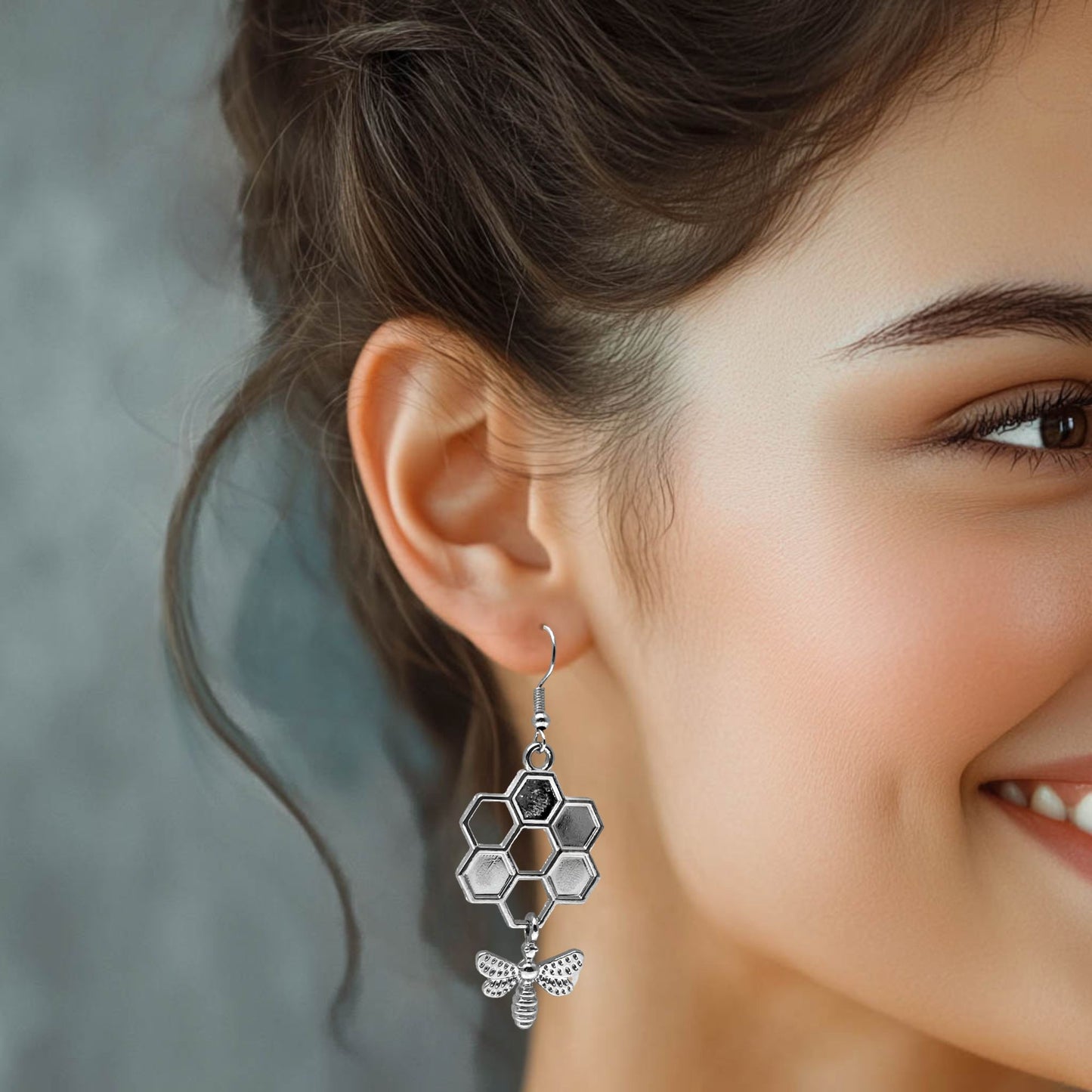 Large Bee and Honeycomb Earrings, Chunky Silver Tone Charm Beads