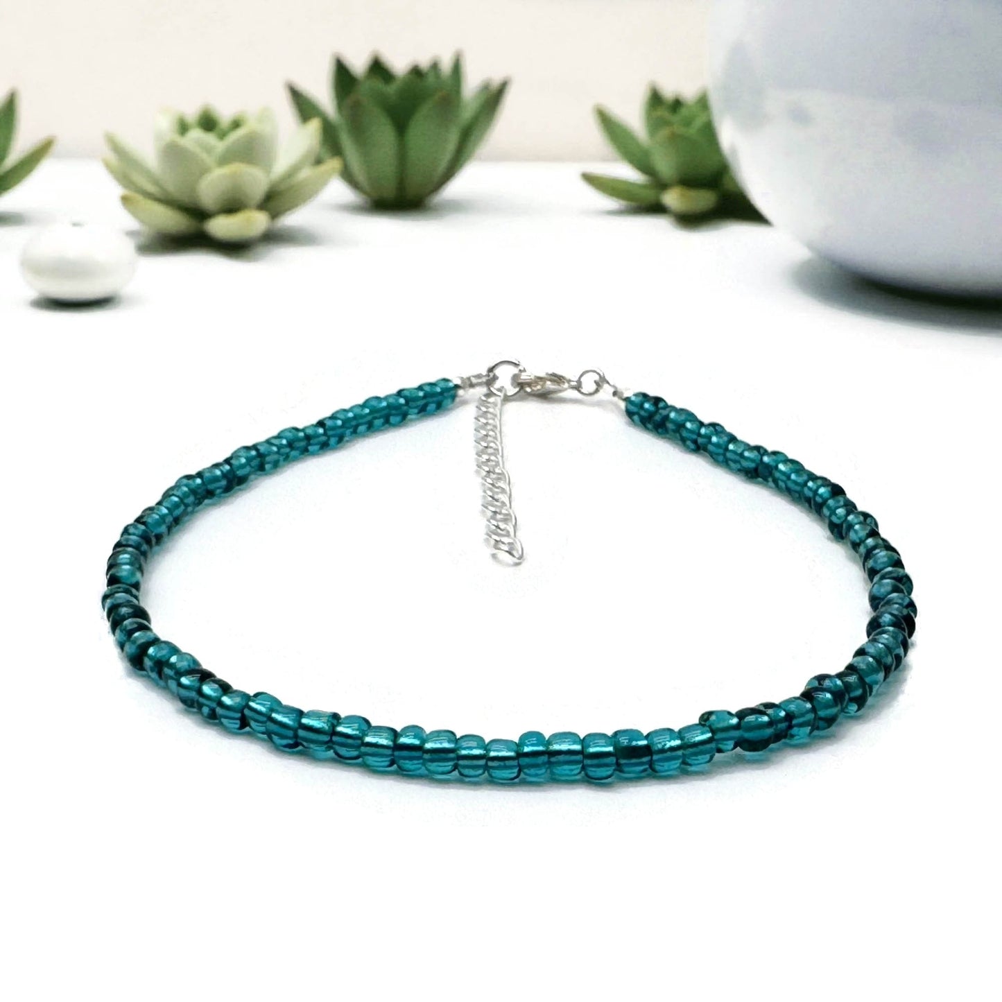 Plus Size Teal Green Bead Anklet with Shimmery Glass Seed Beads