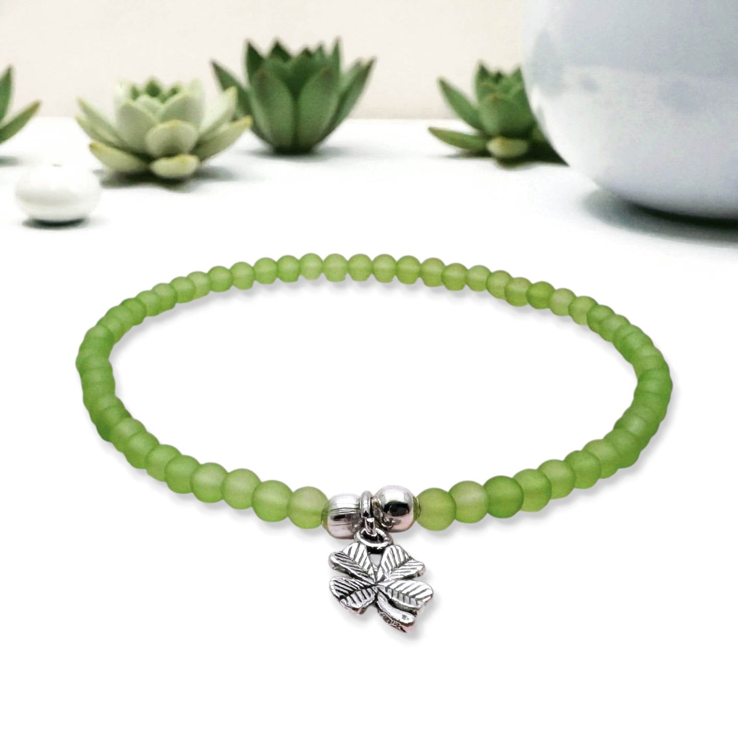 Lucky Clover Charm Frosted Bead Anklet - Colour Choice