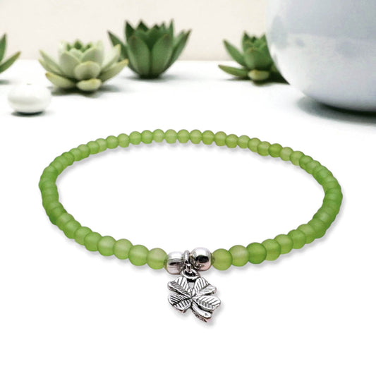 Lucky Clover Charm Frosted Bead Anklet - Colour Choice
