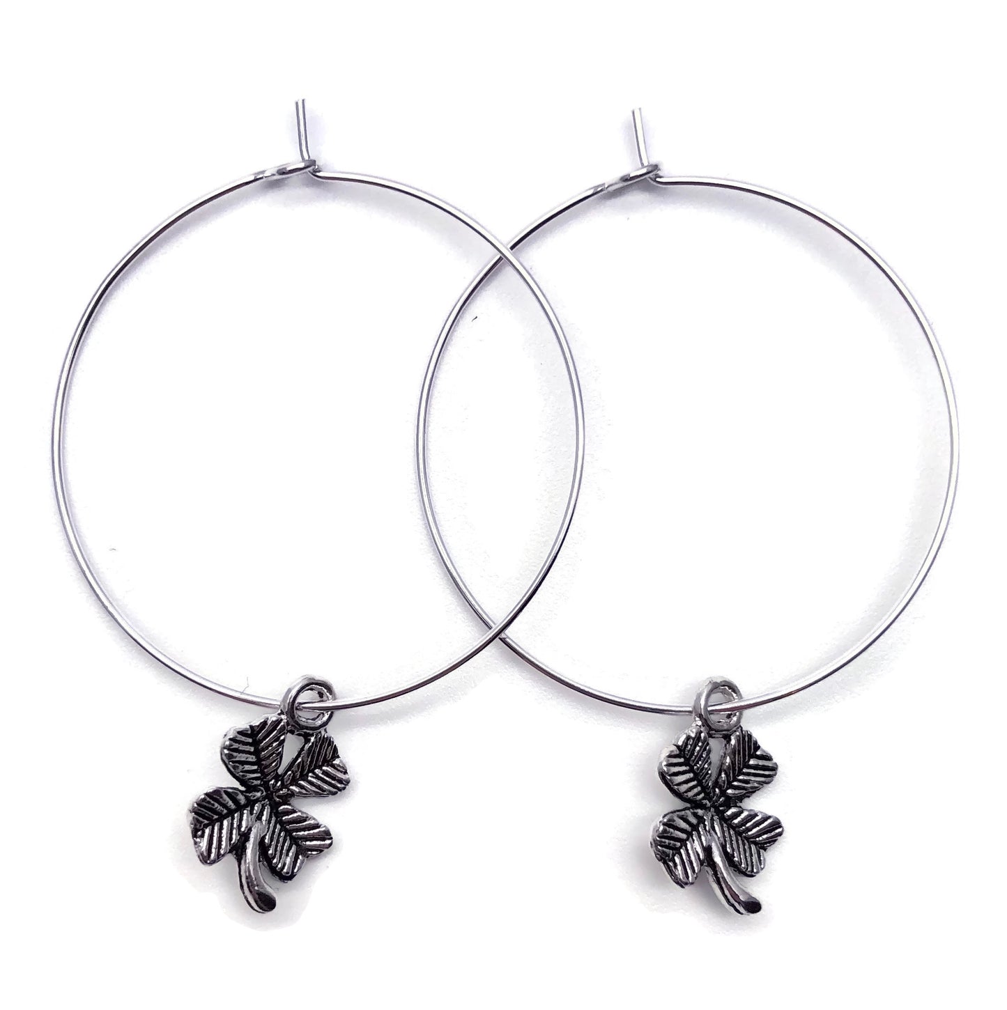 Lucky Clover Charm Silver Plated Hoops : 35mm Diameter