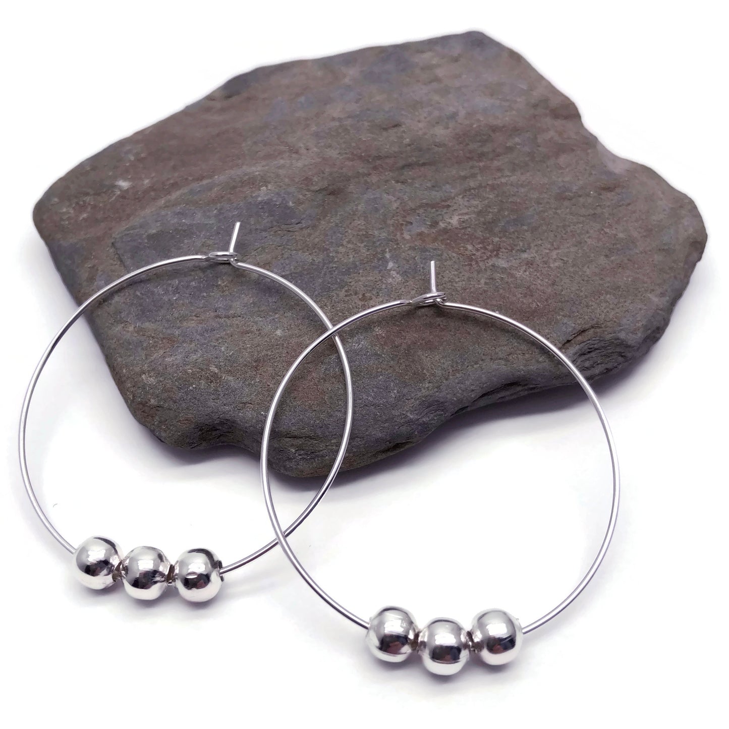 Plain Hoop Earrings, Silver Plated Beads : 35mm Diameter