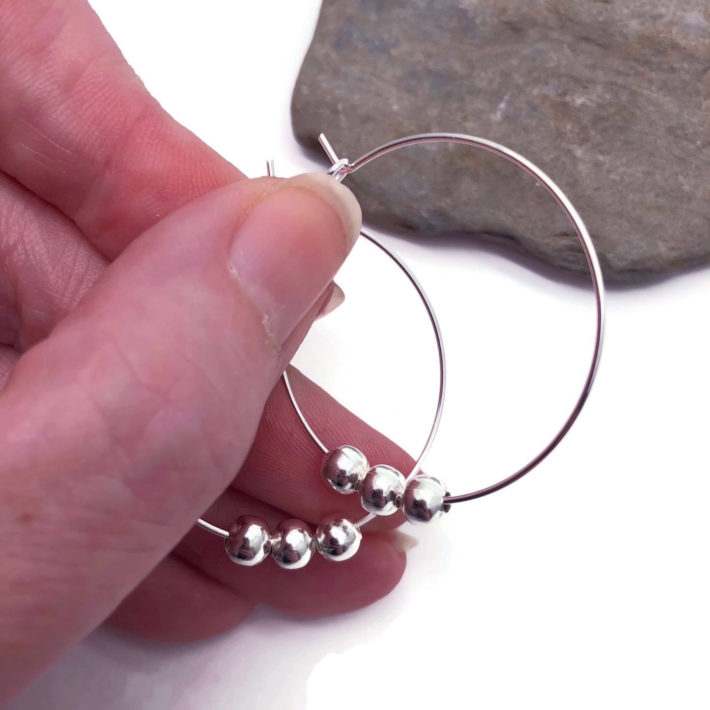 Plain Hoop Earrings, Silver Plated Beads : 35mm Diameter