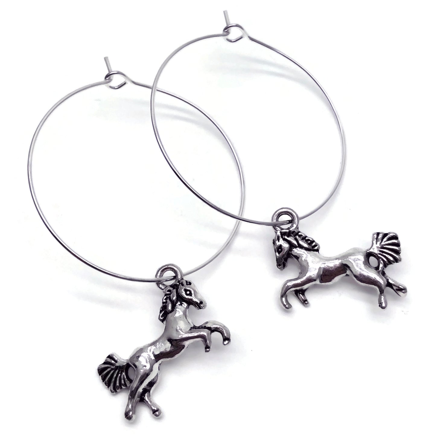 Horse Charm Silver Plated Hoop Earrings : 35mm Diameter