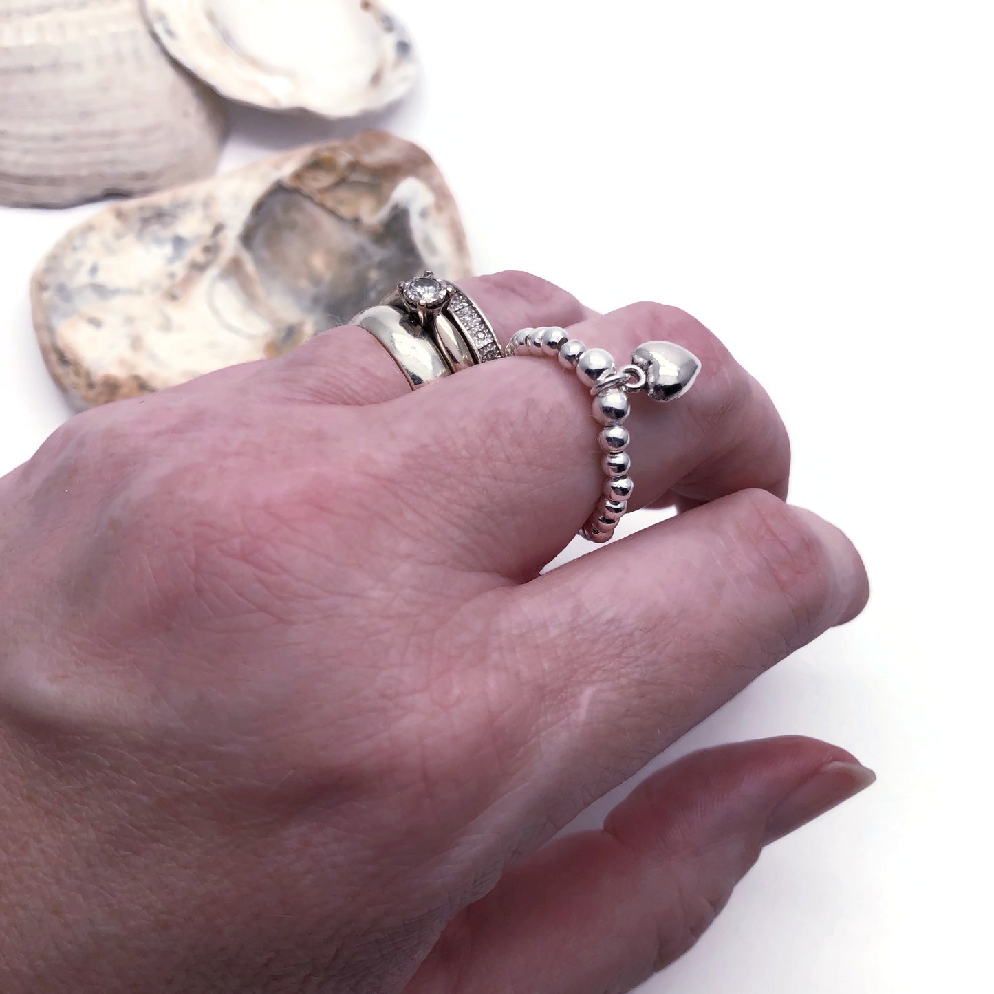 Heart Charm Stretch Ring with Silver Plated Beads