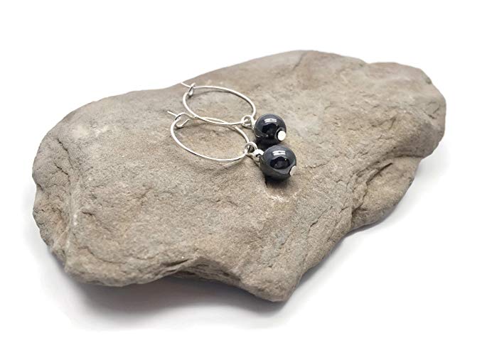 Hematite 8mm Stone Bead Hoops : 20mm Diameter, Silver Plated