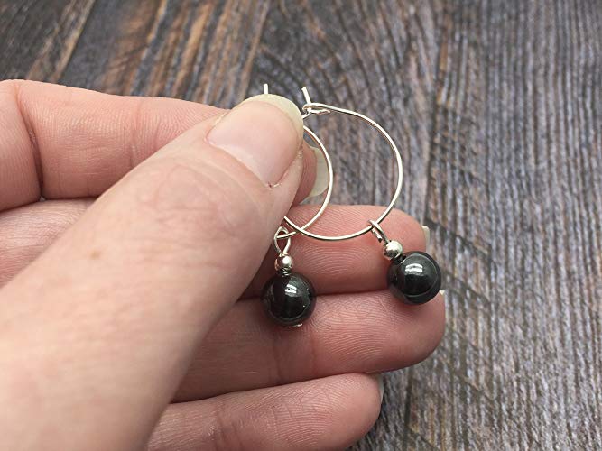 Hematite 8mm Stone Bead Hoops : 20mm Diameter, Silver Plated