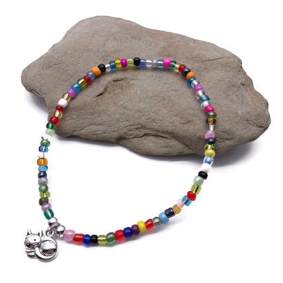 Kitty Cat Silver Charm Glass Seed Bead Anklet