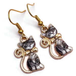 Kitty Cat Earrings, Cute Gold Plated Enamel Charms