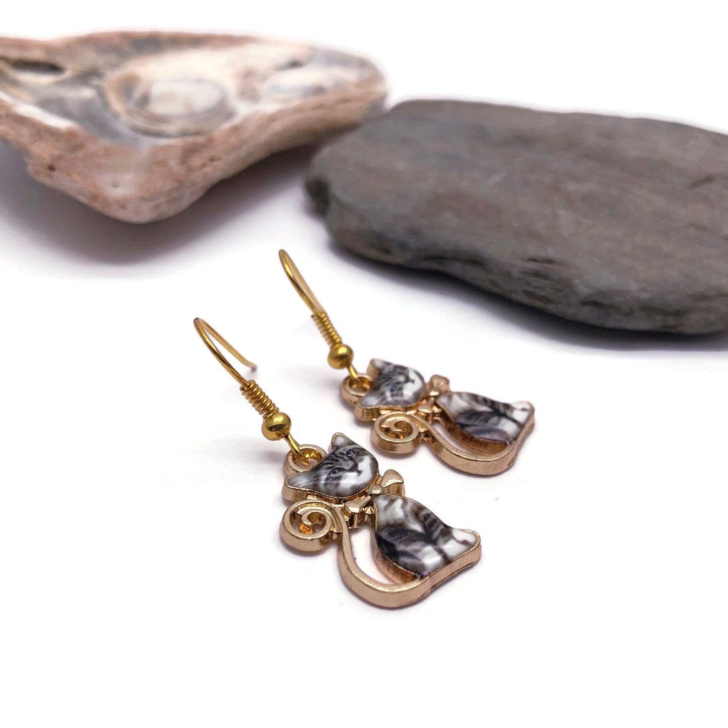 Kitty Cat Earrings, Cute Gold Plated Enamel Charms