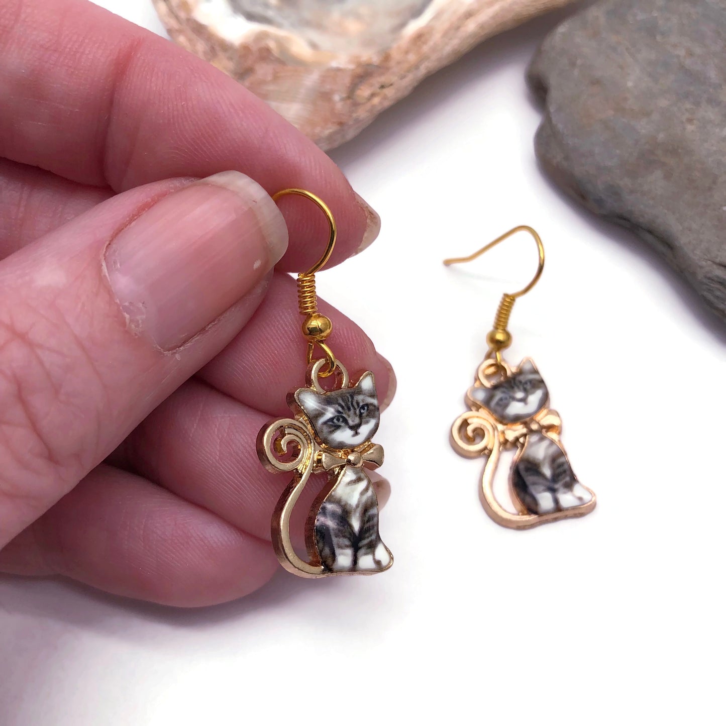 Kitty Cat Earrings, Cute Gold Plated Enamel Charms