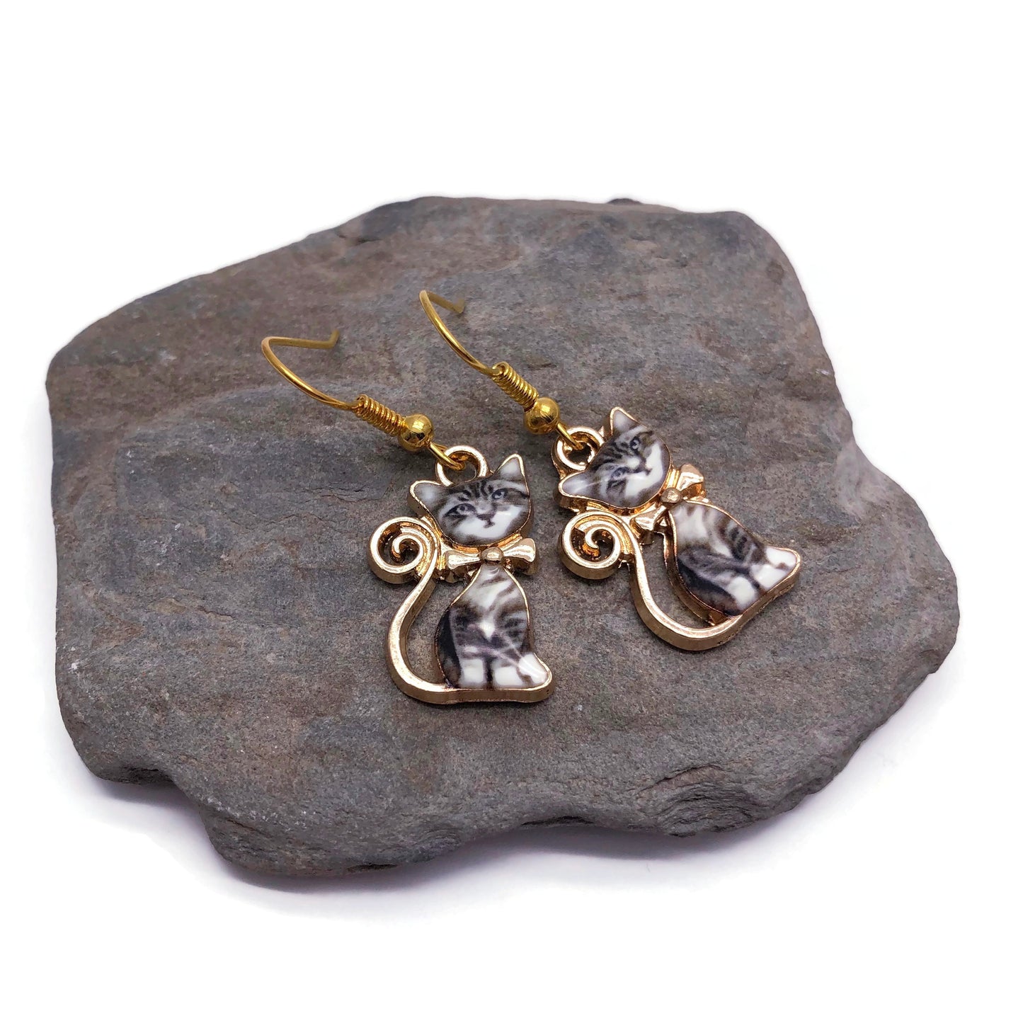 Kitty Cat Earrings, Cute Gold Plated Enamel Charms