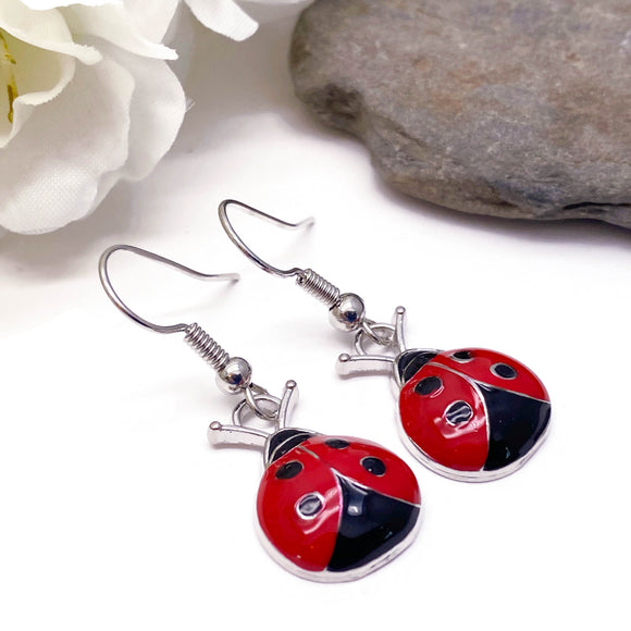 Ladybird Red Enamel Charm Silver Tone Earrings
