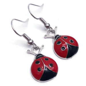 Ladybird Earrings, Red and Black Enamel Charm Beads