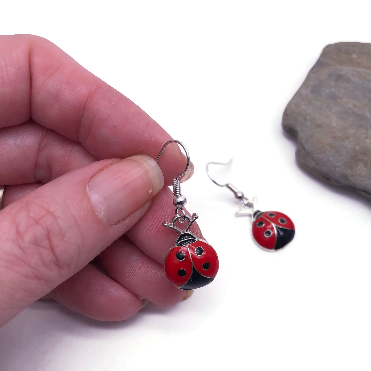 Ladybird Earrings, Red and Black Enamel Charm Beads