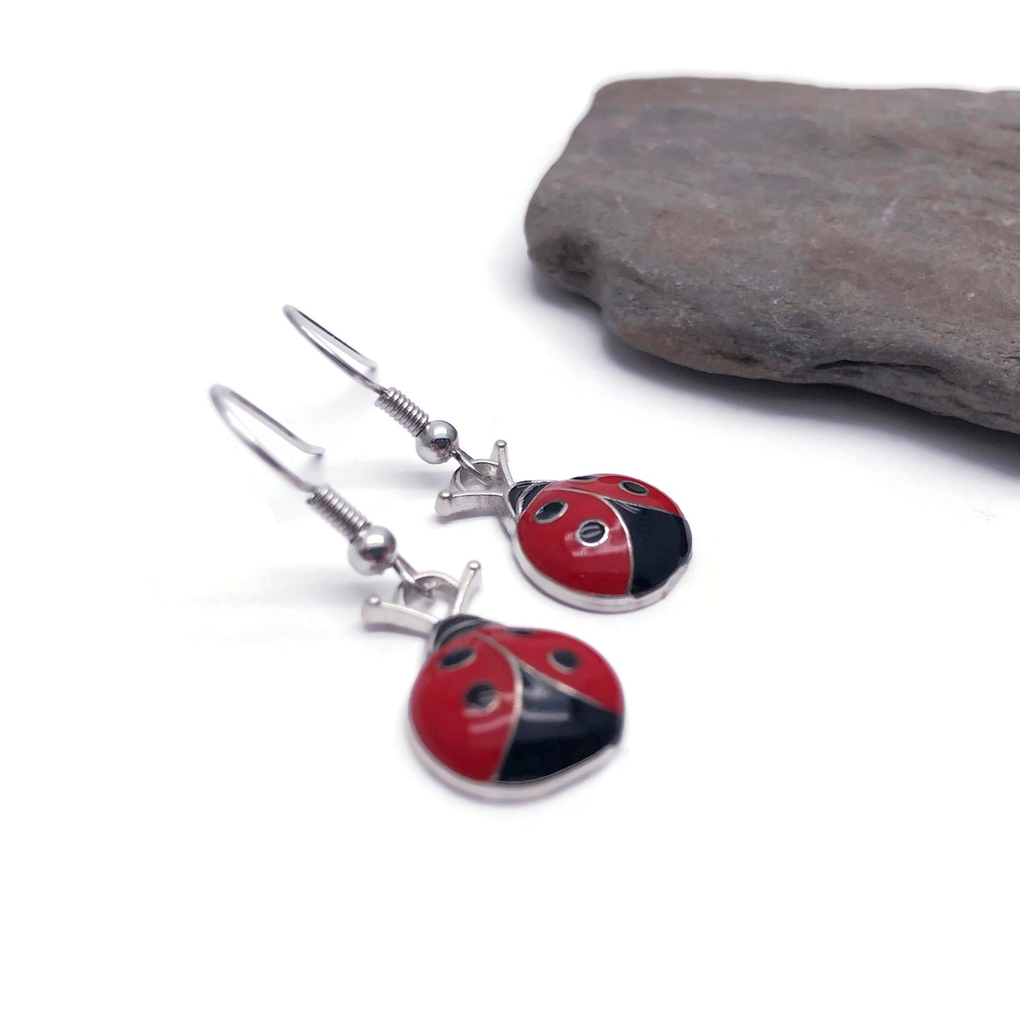 Ladybird Earrings, Red and Black Enamel Charm Beads