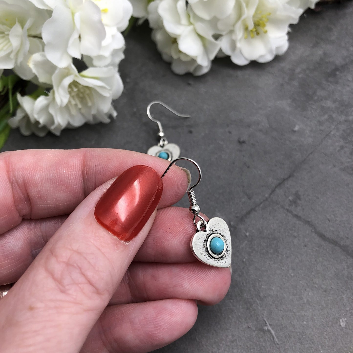 Heart Charm Earrings, Turquoise Resin Silver Plated