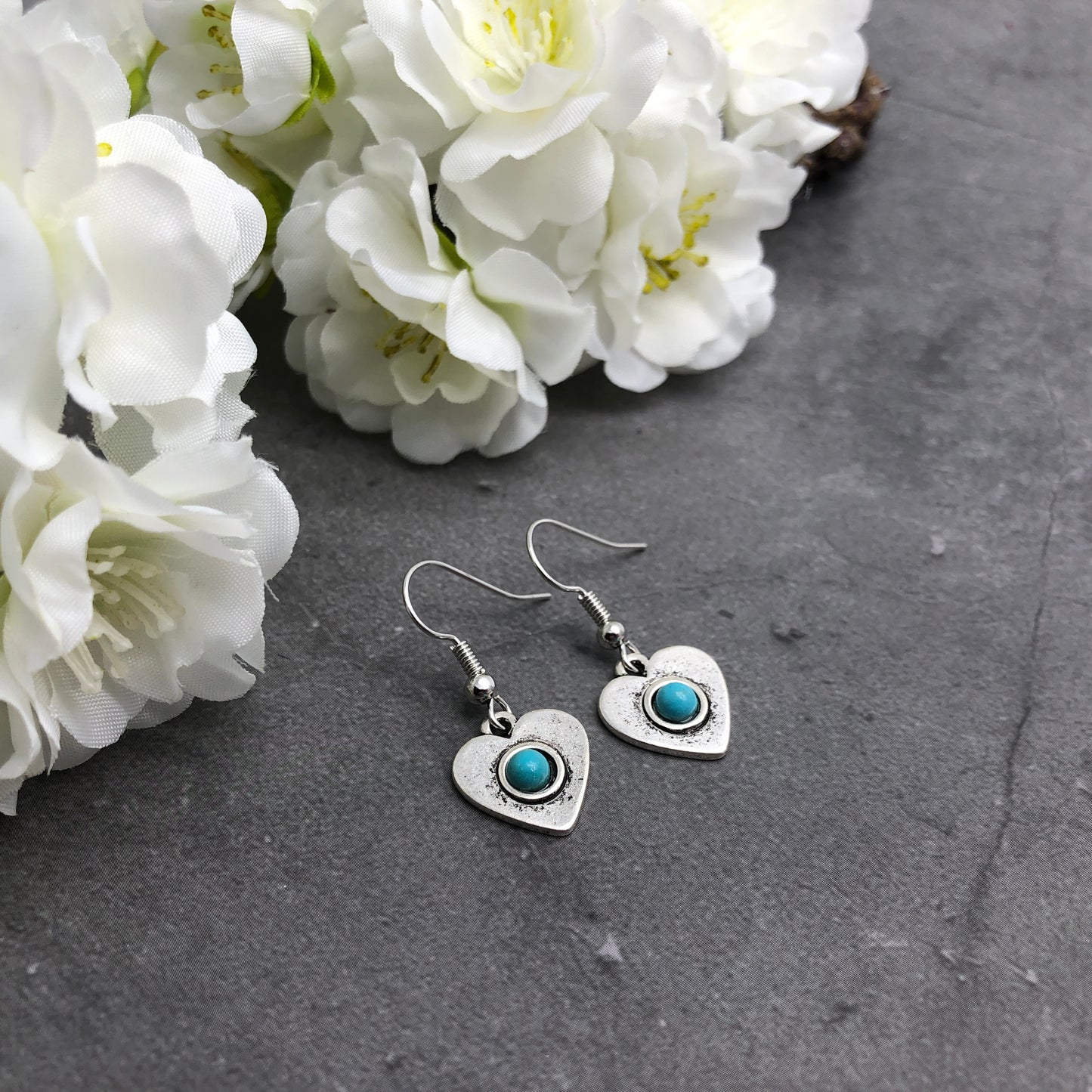 Heart Charm Earrings, Turquoise Resin Silver Plated