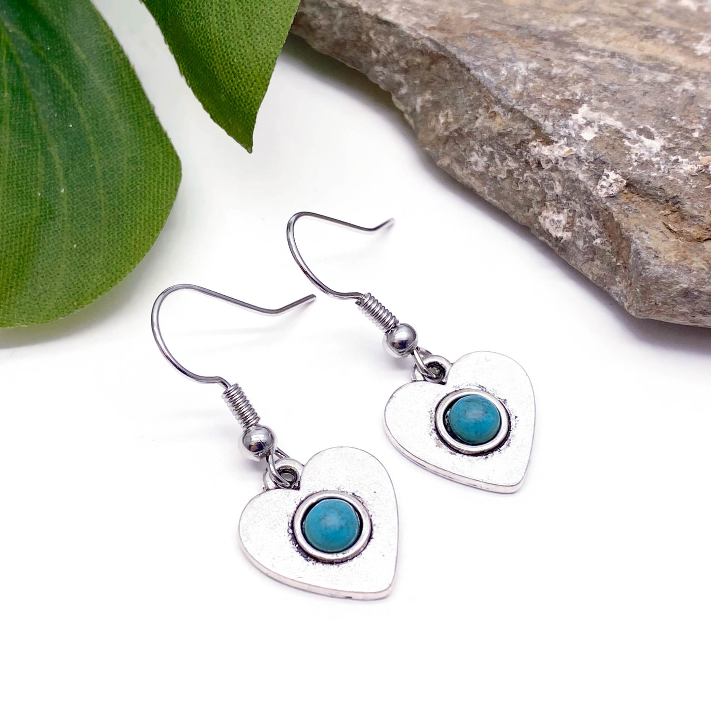 Heart Charm Earrings, Turquoise Resin Silver Plated