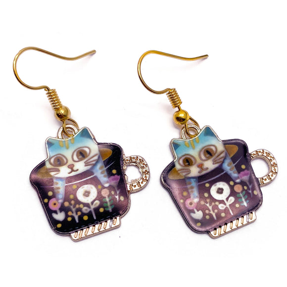 A Kitty in a Teacup Enamel Charm Earrings