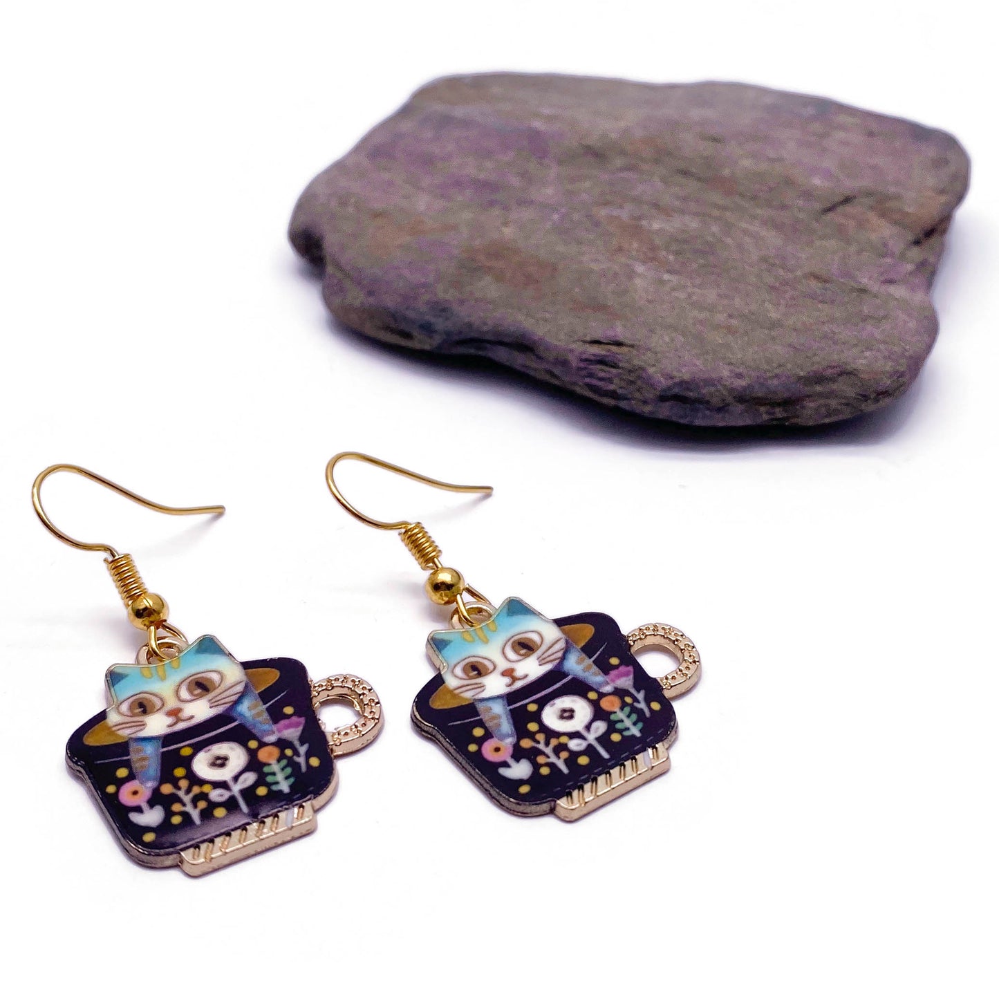 A Kitty in a Teacup Enamel Charm Earrings