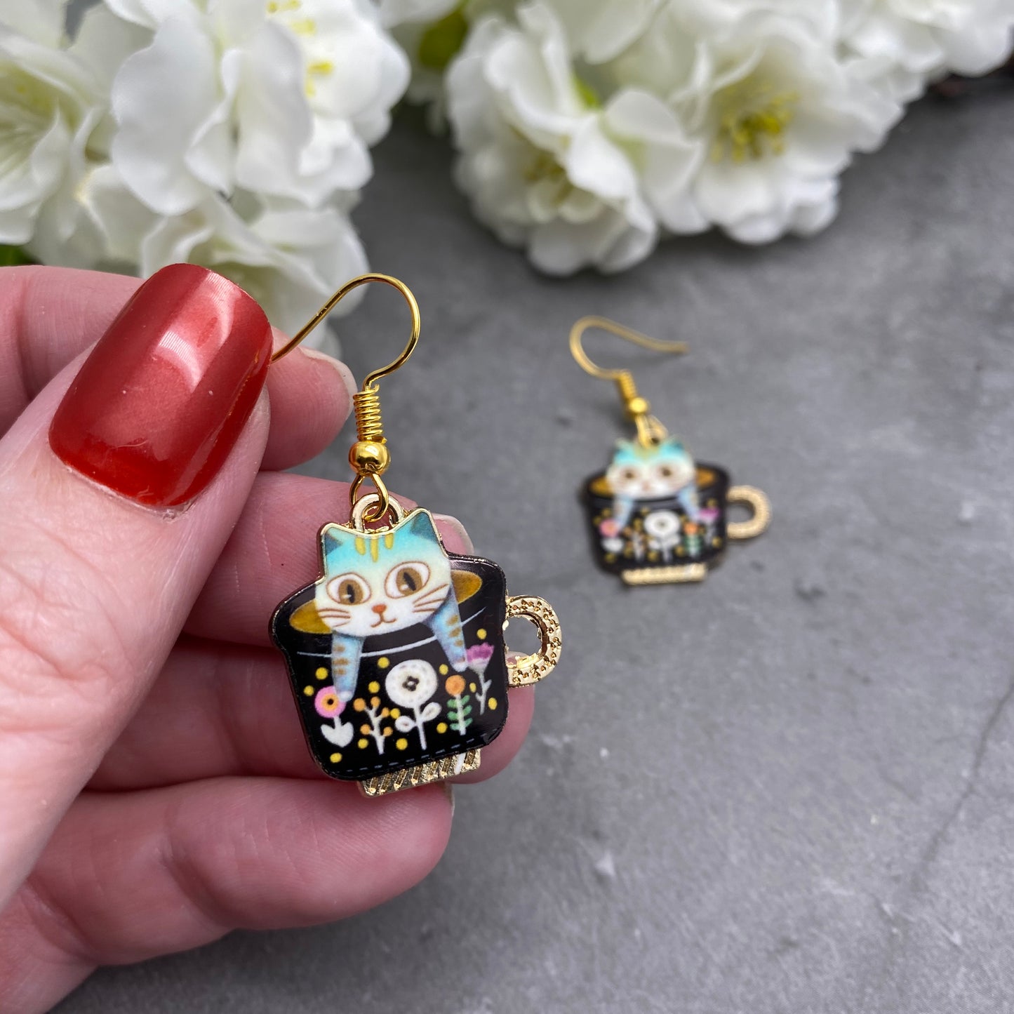 A Kitty in a Teacup Enamel Charm Earrings