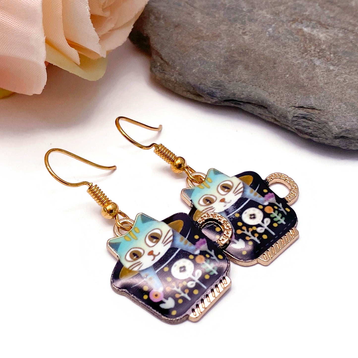 A Kitty in a Teacup Enamel Charm Earrings