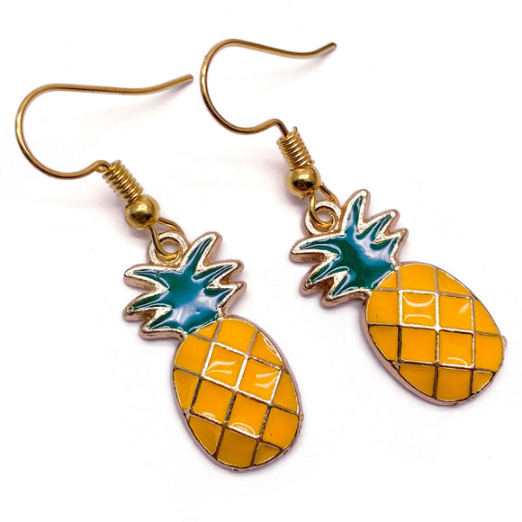 Pineapple Earrings, Gold Plated Yellow Enamel Charms