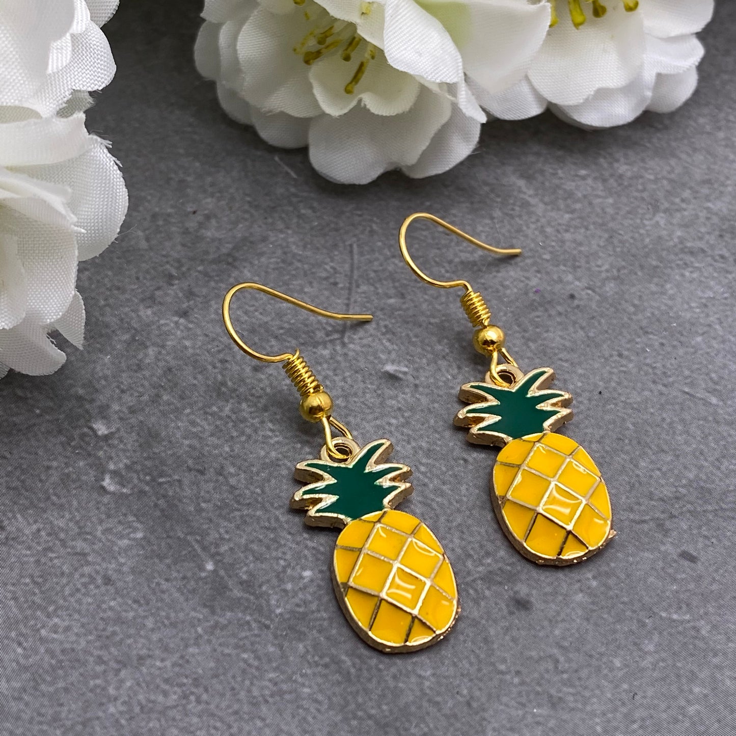 Pineapple Earrings, Gold Plated Yellow Enamel Charms