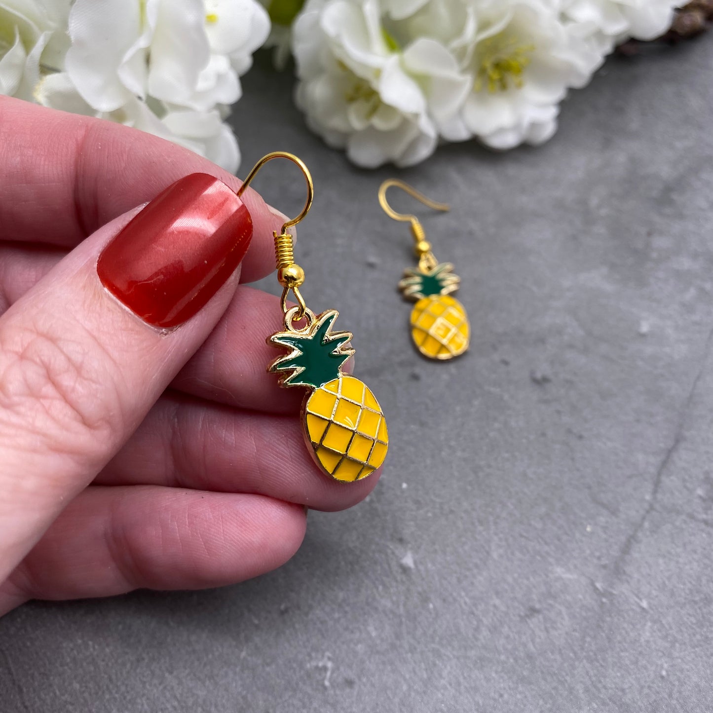 Pineapple Earrings, Gold Plated Yellow Enamel Charms