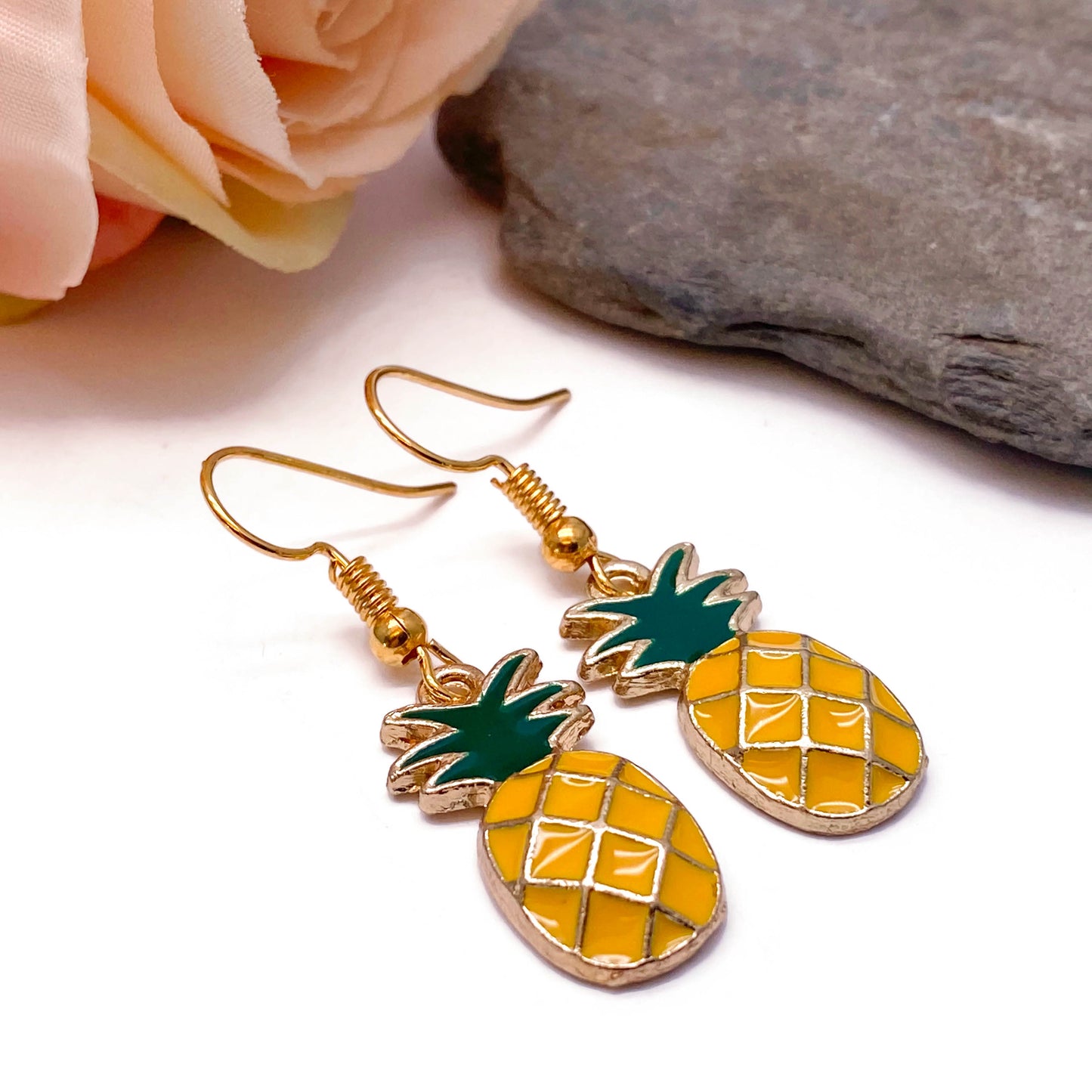 Pineapple Earrings, Gold Plated Yellow Enamel Charms