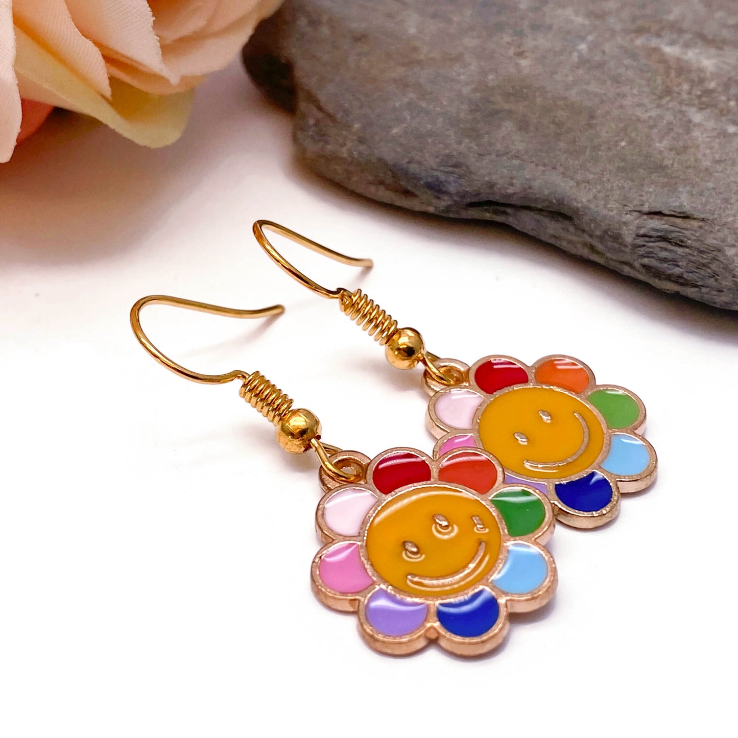 Smiley Flower Earrings, Colourful Enamel Charms