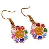 Smiley Flower Enamel Charm Gold Tone Earrings