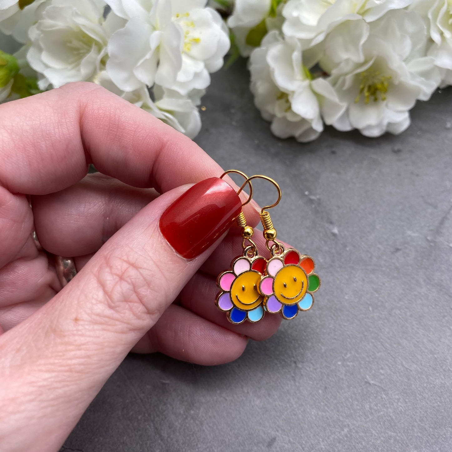 Smiley Flower Earrings, Colourful Enamel Charms