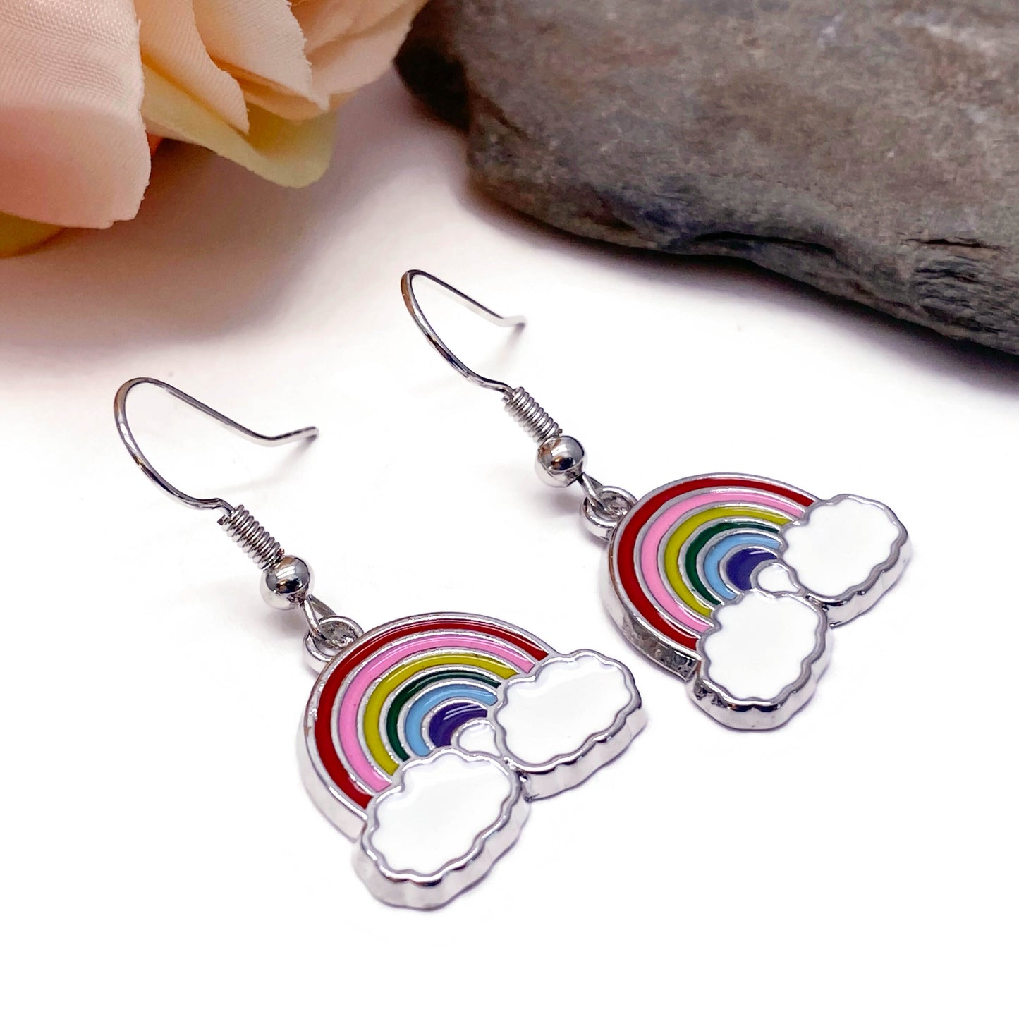 Rainbow Cloud Earrings, Silver Plated Enamel Charms