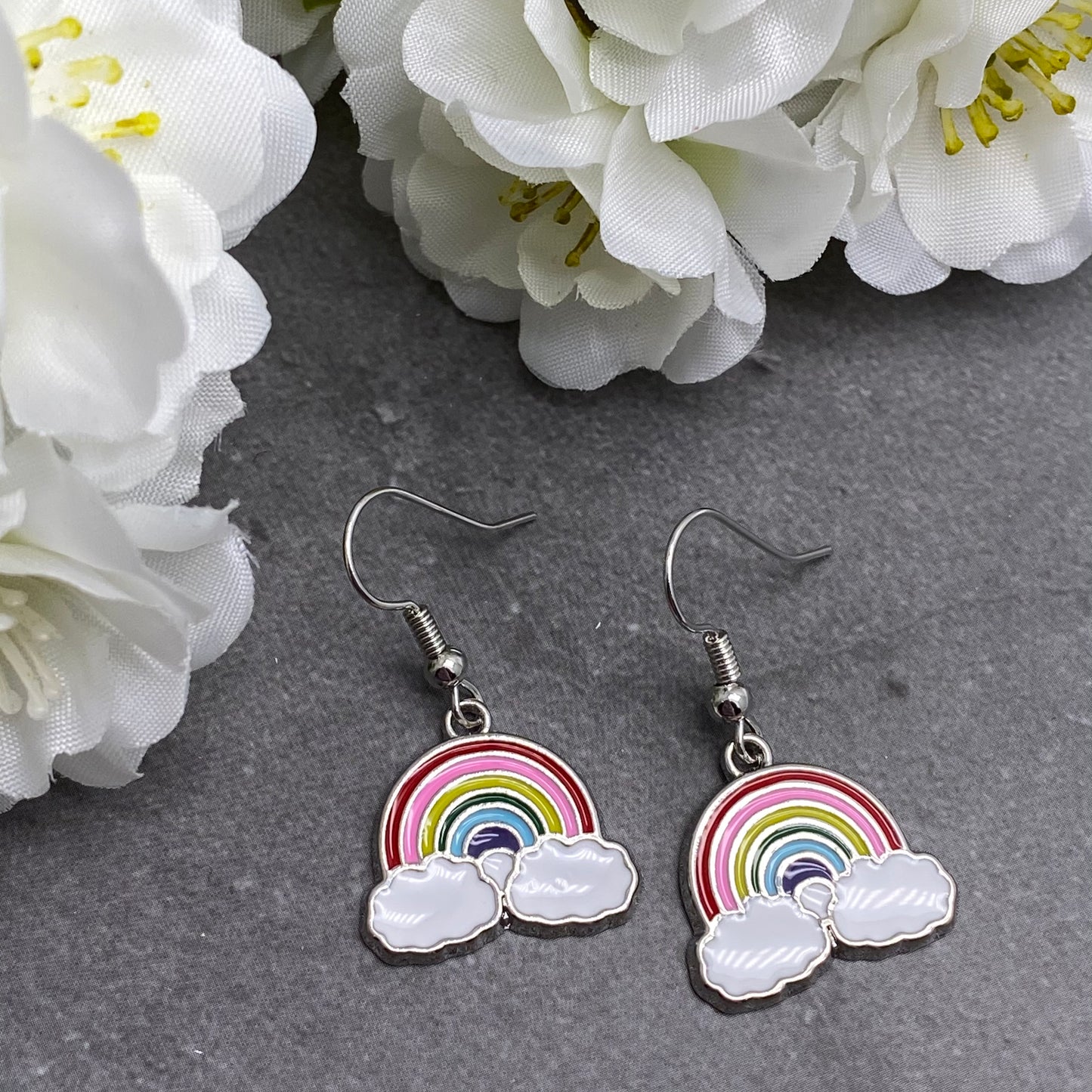 Rainbow Cloud Earrings, Silver Plated Enamel Charms
