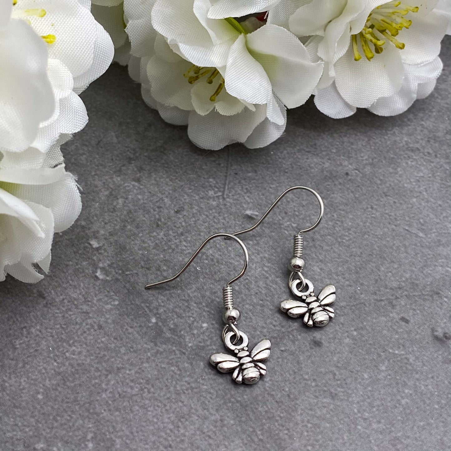 Tiny Bumble Bee Earrings, Silver Plated Charms